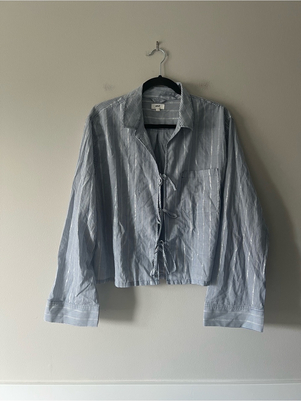 Aerie Off-Duty Poplin Tie Front Pajama Set Blue Stripe L Top M Bottom - Picture 2 of 9